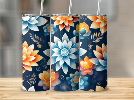 Three tumblers with blue, orange, and white floral patterns.