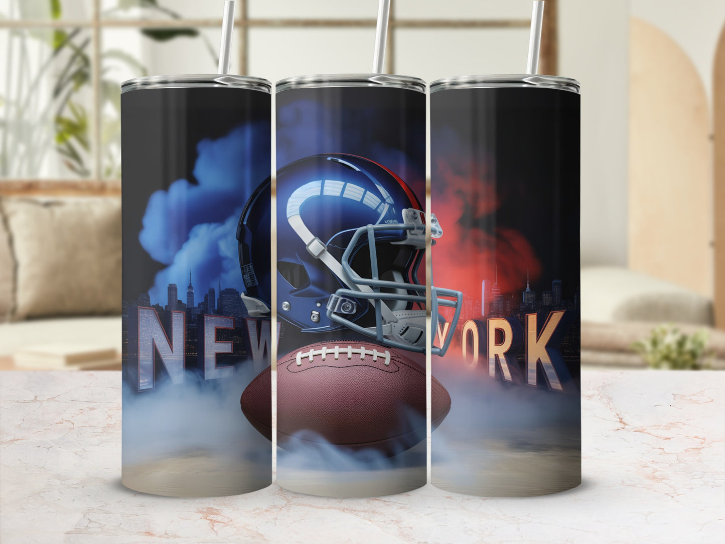 Football helmet and ball with "NEW YORK" text superimposed.
