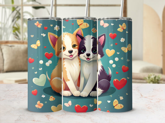 Two cute cartoon puppies with hearts and butterflies on a teal background.