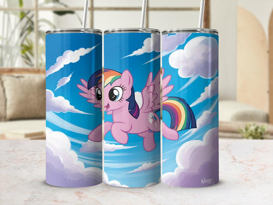 Pink My Little Pony character with rainbow mane flying through clouds.