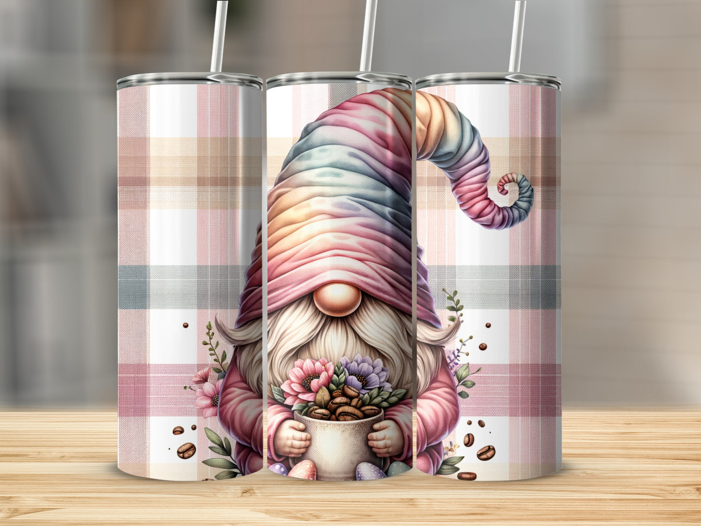 Gnome with colorful hat holding coffee cup, pink plaid background.