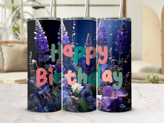 Tall tumbler with purple flowers and "Happy Birthday" text.