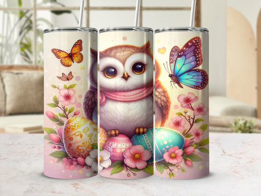 Owl with pink scarf and Easter eggs, surrounded by butterflies and flowers.