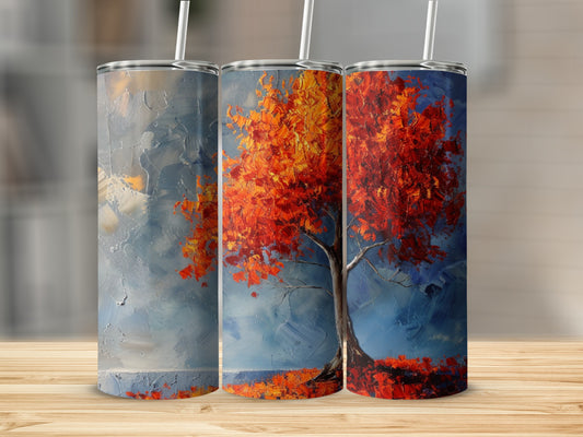 Artistic tree with autumn leaves and painted background on three tumblers.