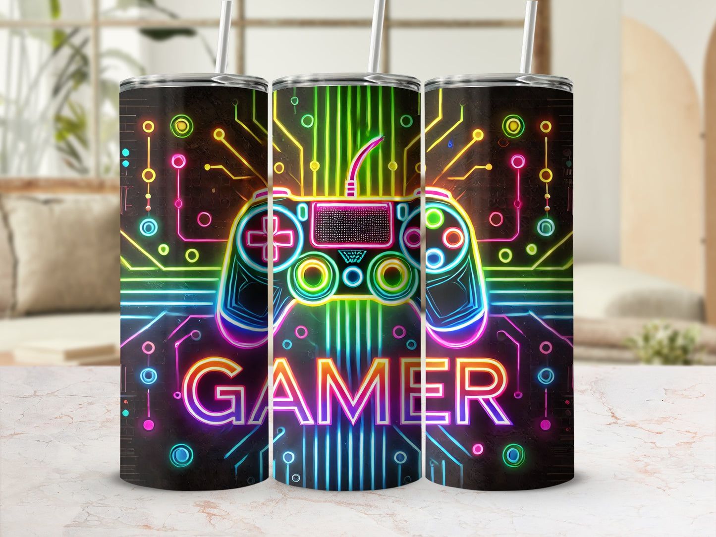 Gamer controller with neon circuitry and colorful lights.