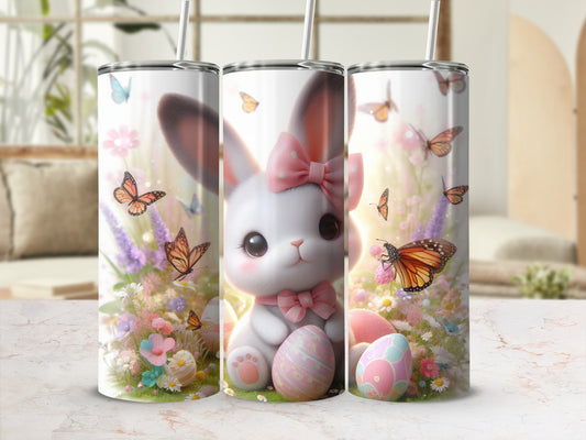 Cute Easter bunny with pink bow and pastel eggs, surrounded by butterflies and flowers.