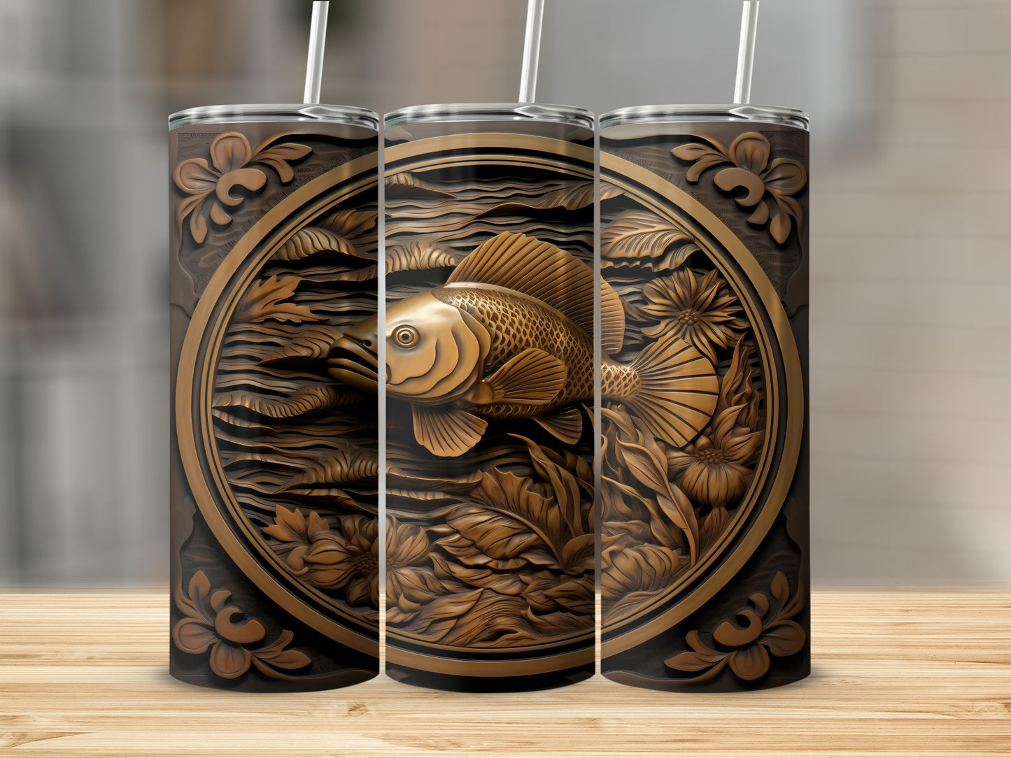 Three wooden tumblers with carved fish and floral designs.