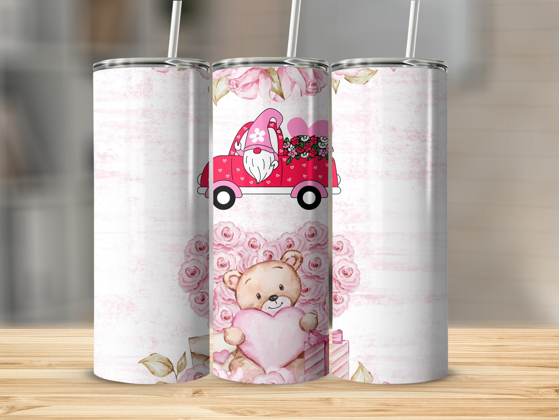 Cute Gnome and Bear with Roses Tumbler Design
