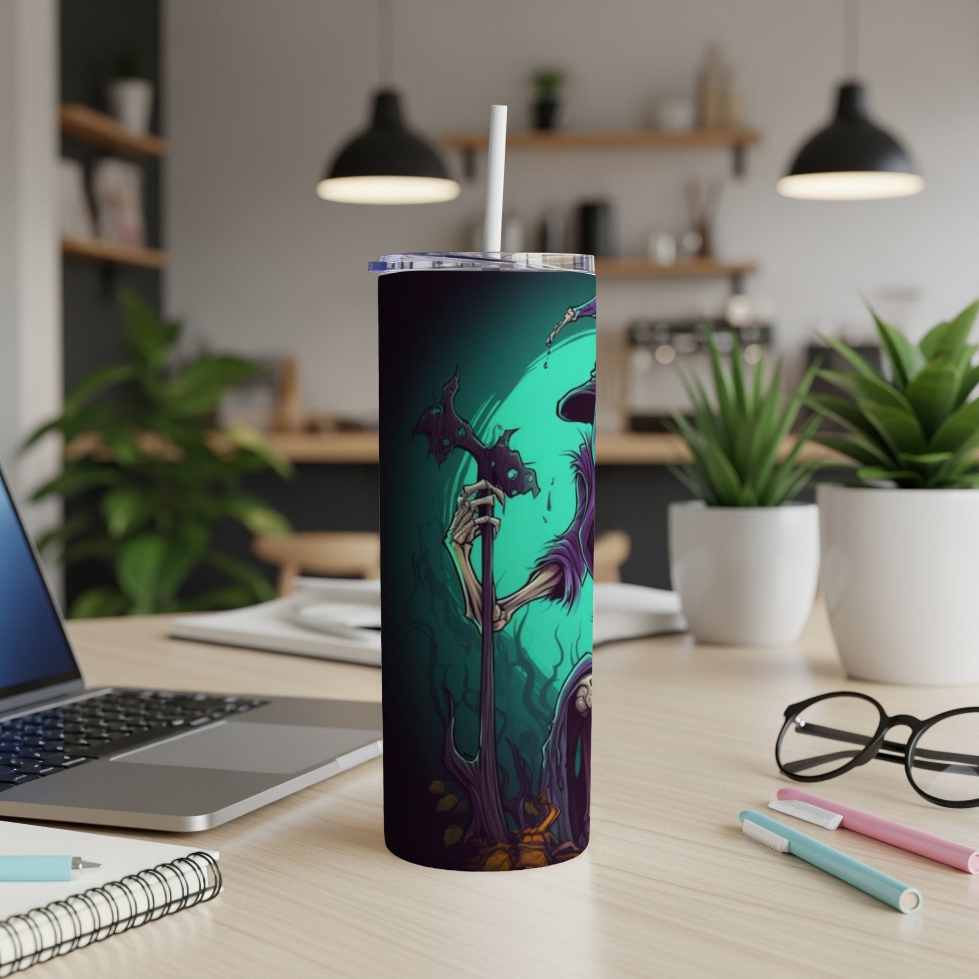 Tumbler featuring a skeletal grim reaper with a staff against a dark, teal background.