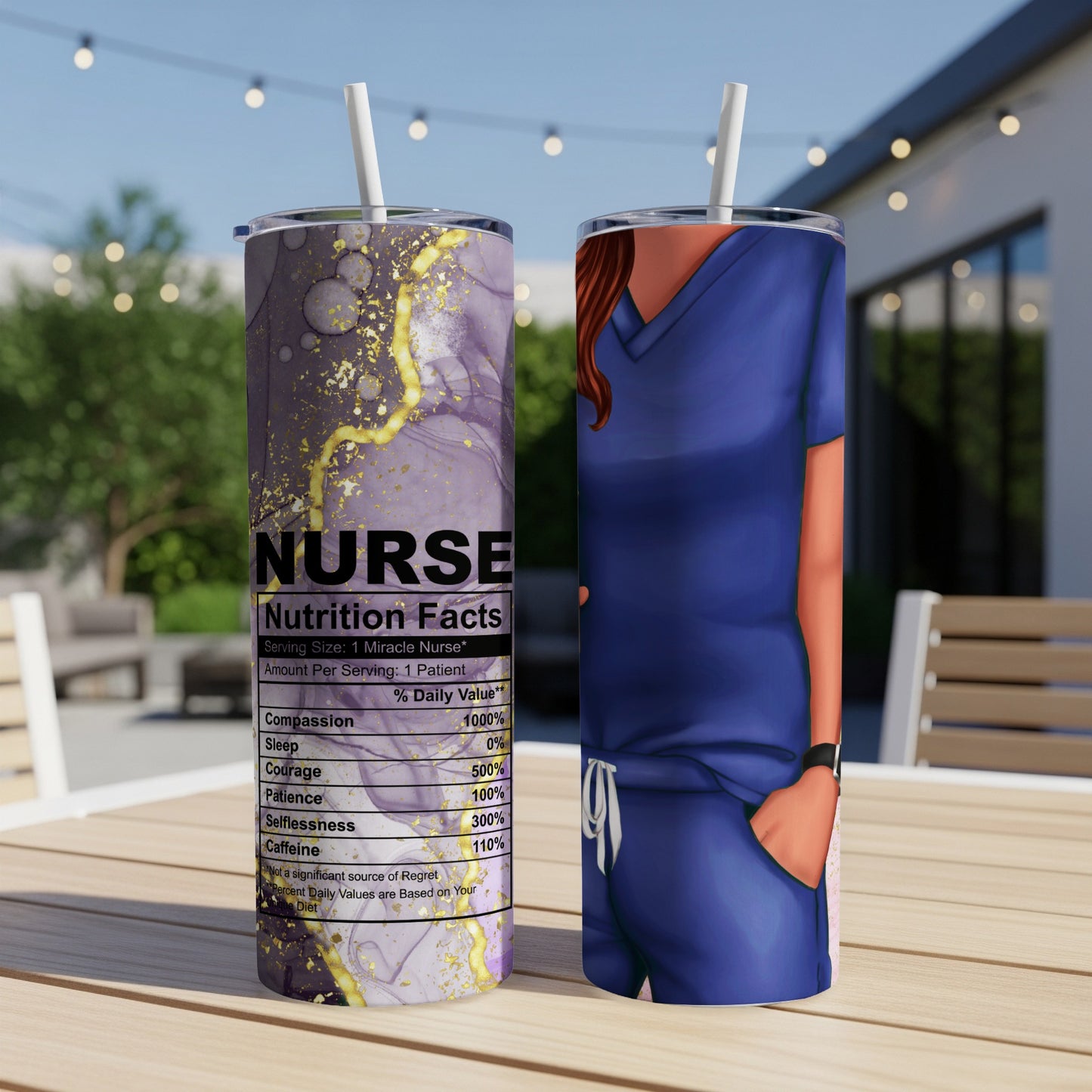 Nurse nutrition facts tumbler with purple marble and gold accents.