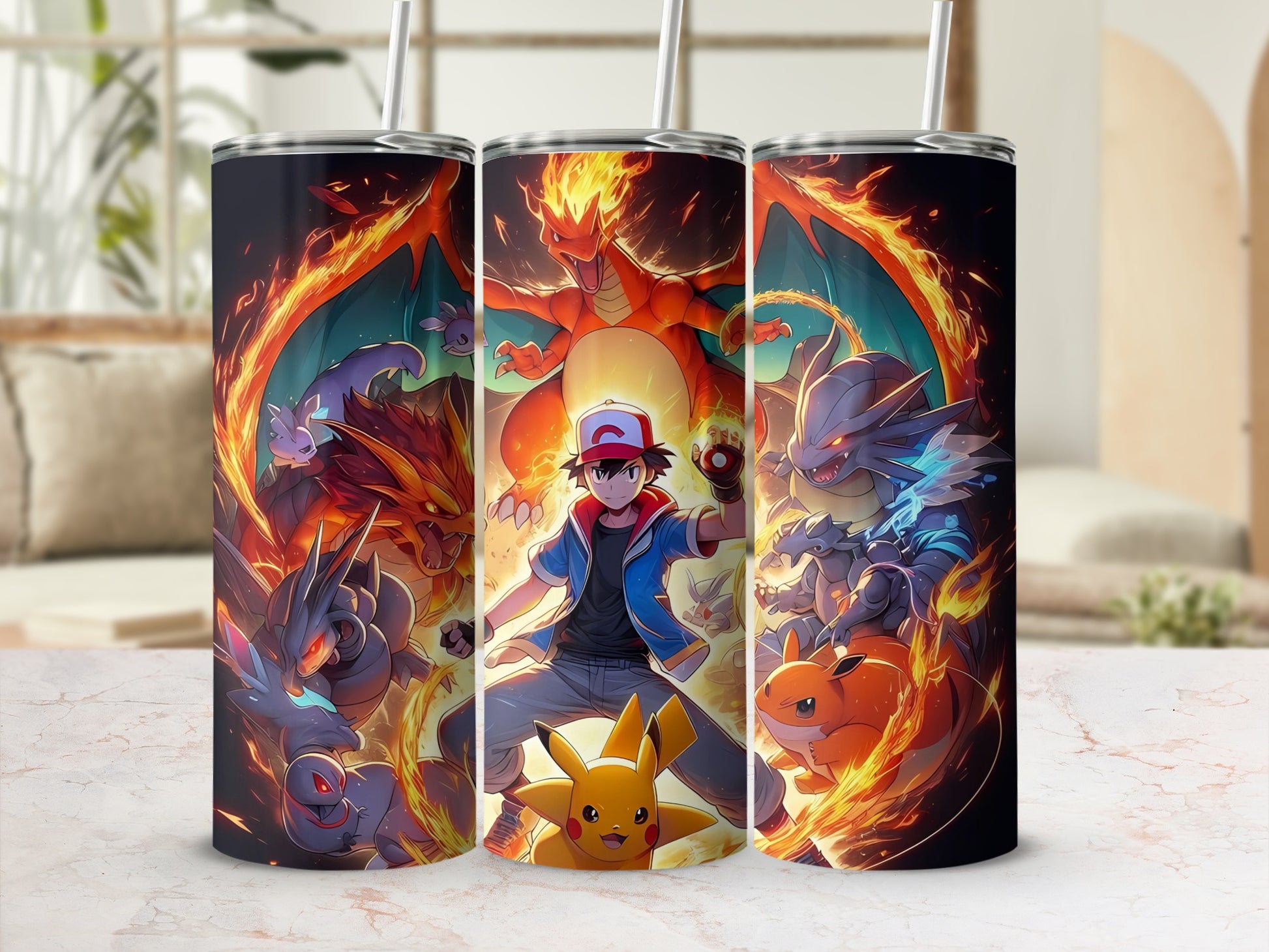 Colorful Pokemon Characters Tumbler With Lid And Straw