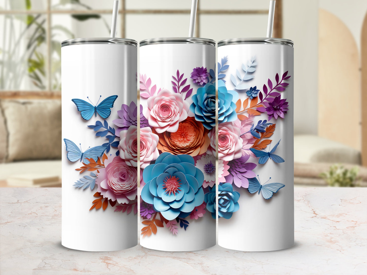 Colorful Floral and Butterfly Design Tumbler Cup