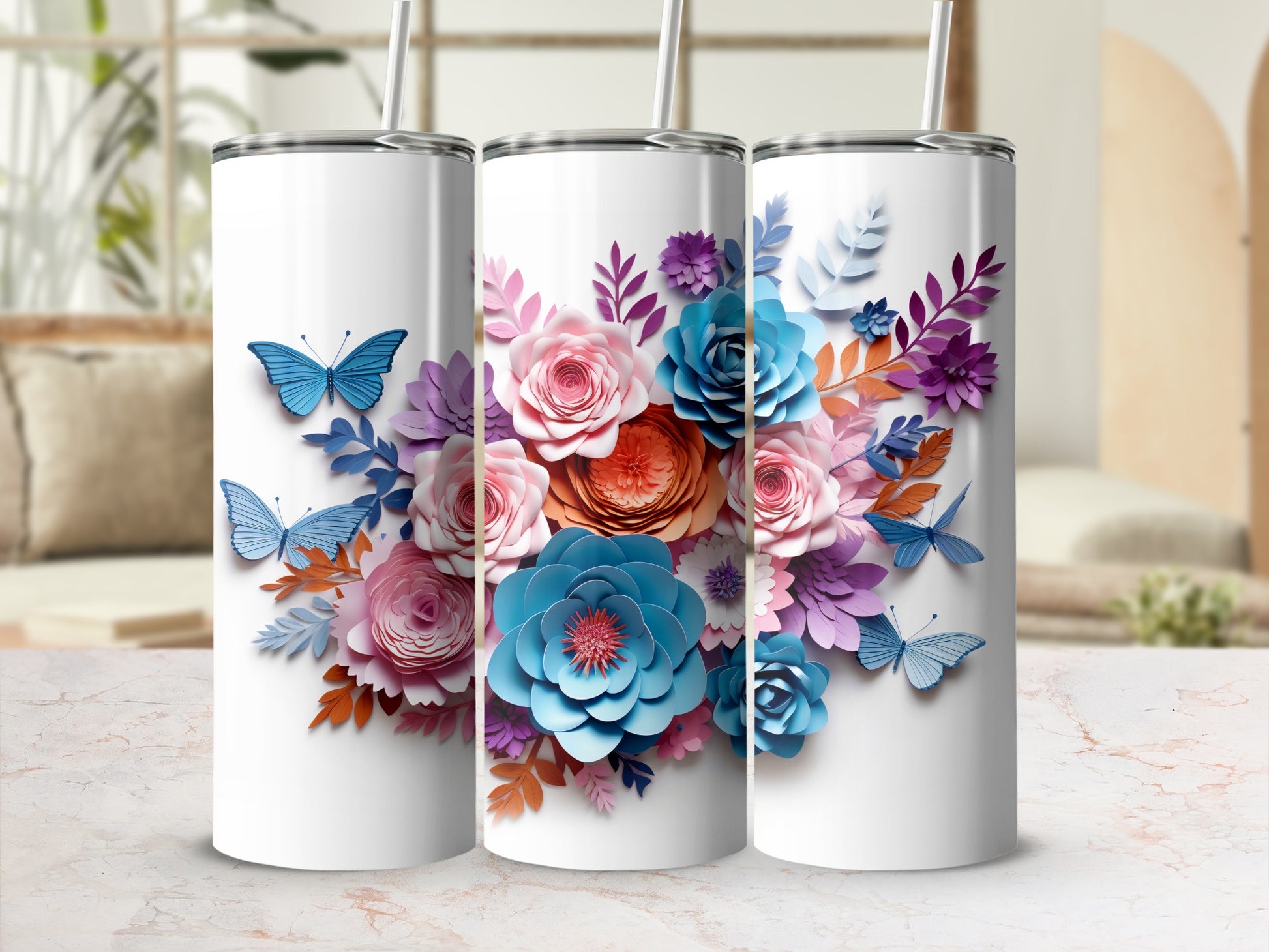 Colorful Floral and Butterfly Design Tumbler Cup