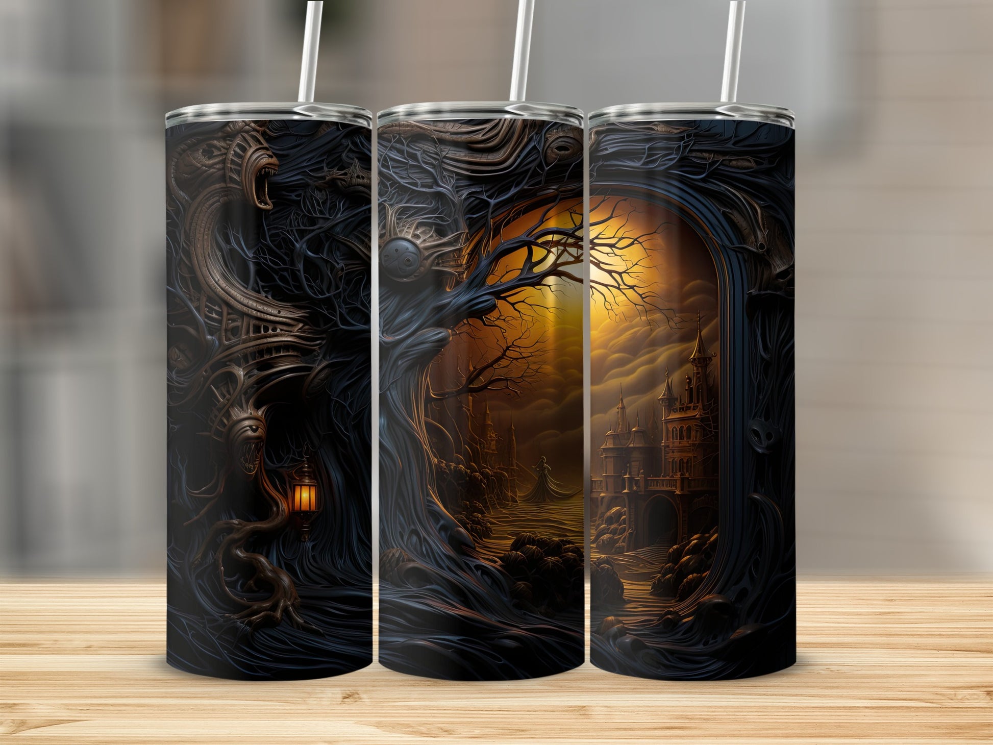 Tumbler with dark, gothic tree and castle design, glowing lantern.