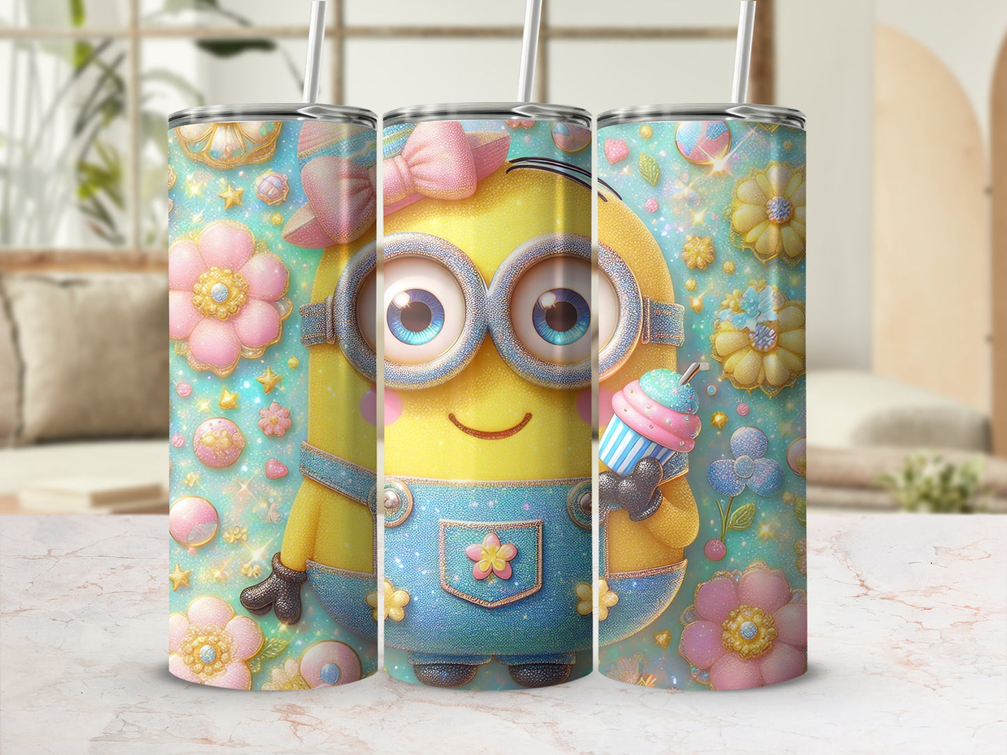 Adorable Cartoon Character Floral Pattern Tumbler