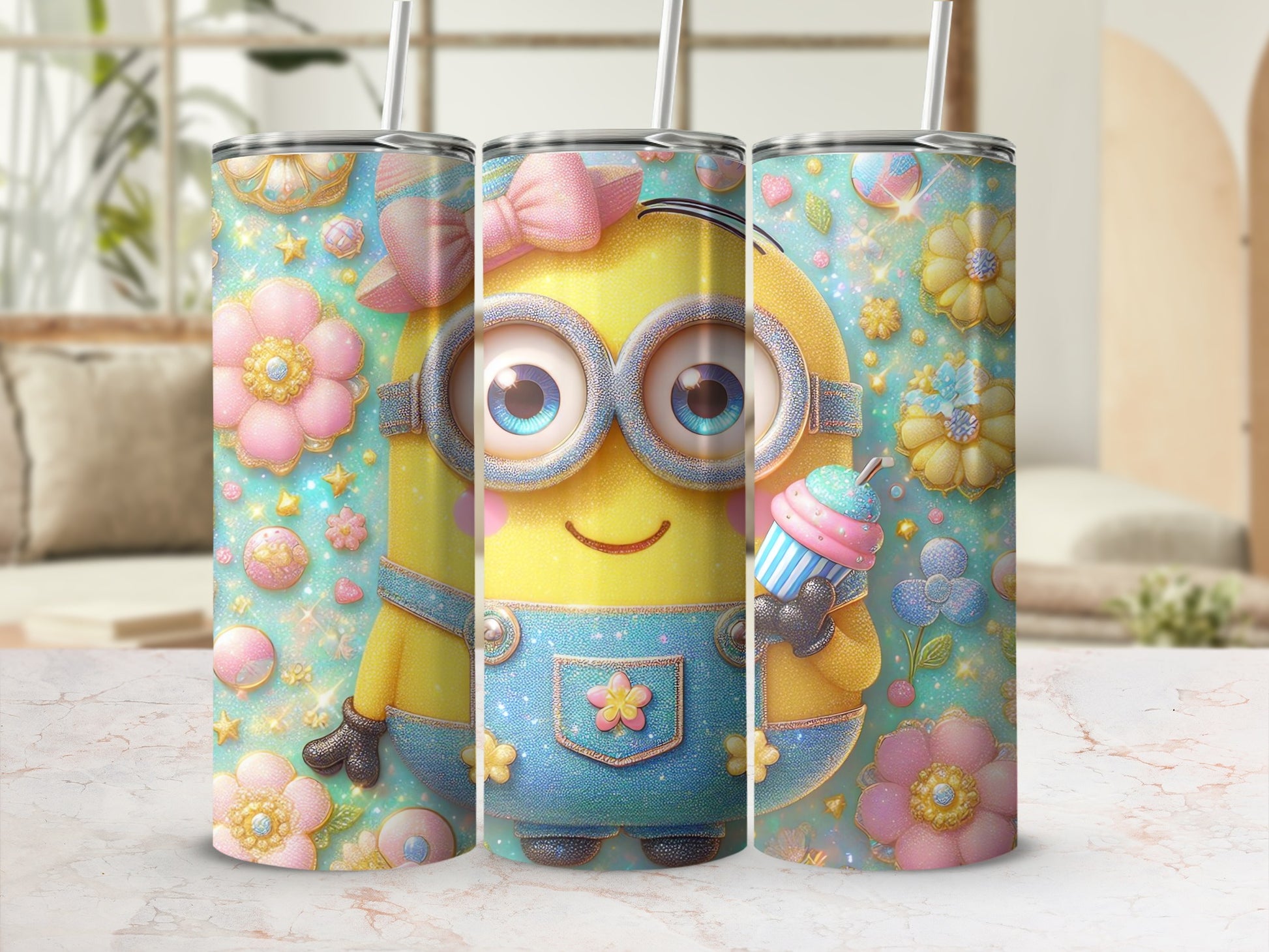 Adorable Cartoon Character Floral Pattern Tumbler