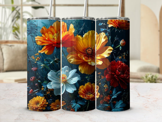 Three tumblers with a dark floral design of orange, yellow, white, and red flowers.