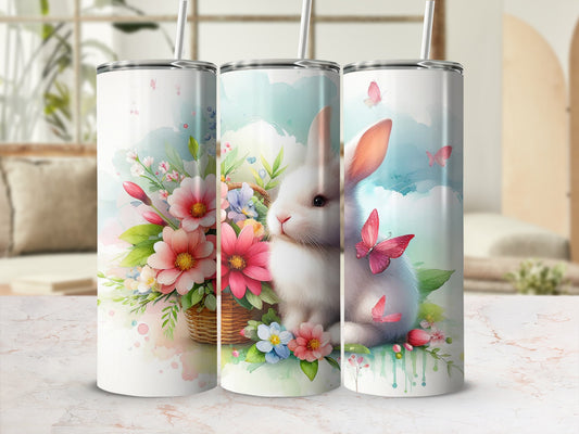 Easter bunny in basket with flowers and butterflies, pastel watercolor style.