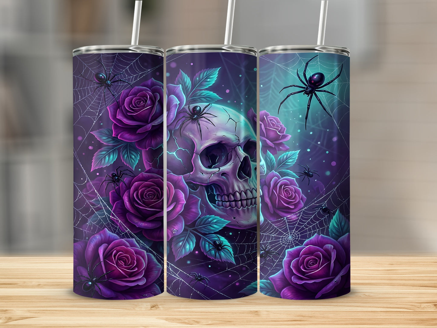 Skull, spiders, and purple roses on a Halloween-themed tumbler.