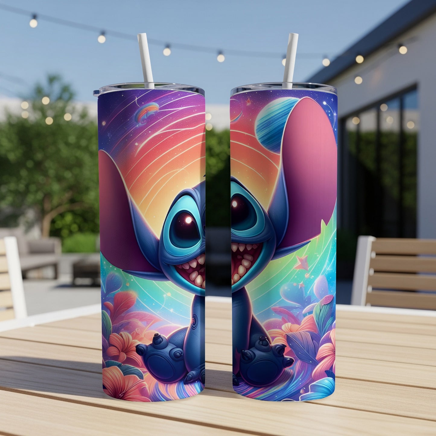 Stitch character design on a pair of colorful tumblers with straws.
