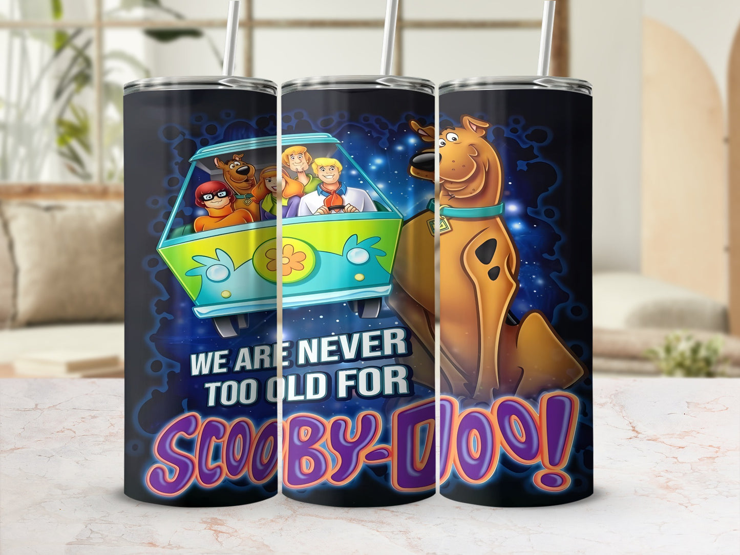 Scooby-Doo gang in the Mystery Machine with "We Are Never Too Old for Scooby-Doo!"