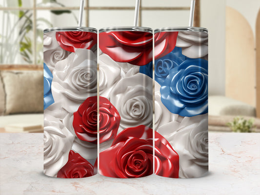 Three tumblers with patriotic red, white, and blue rose patterns.