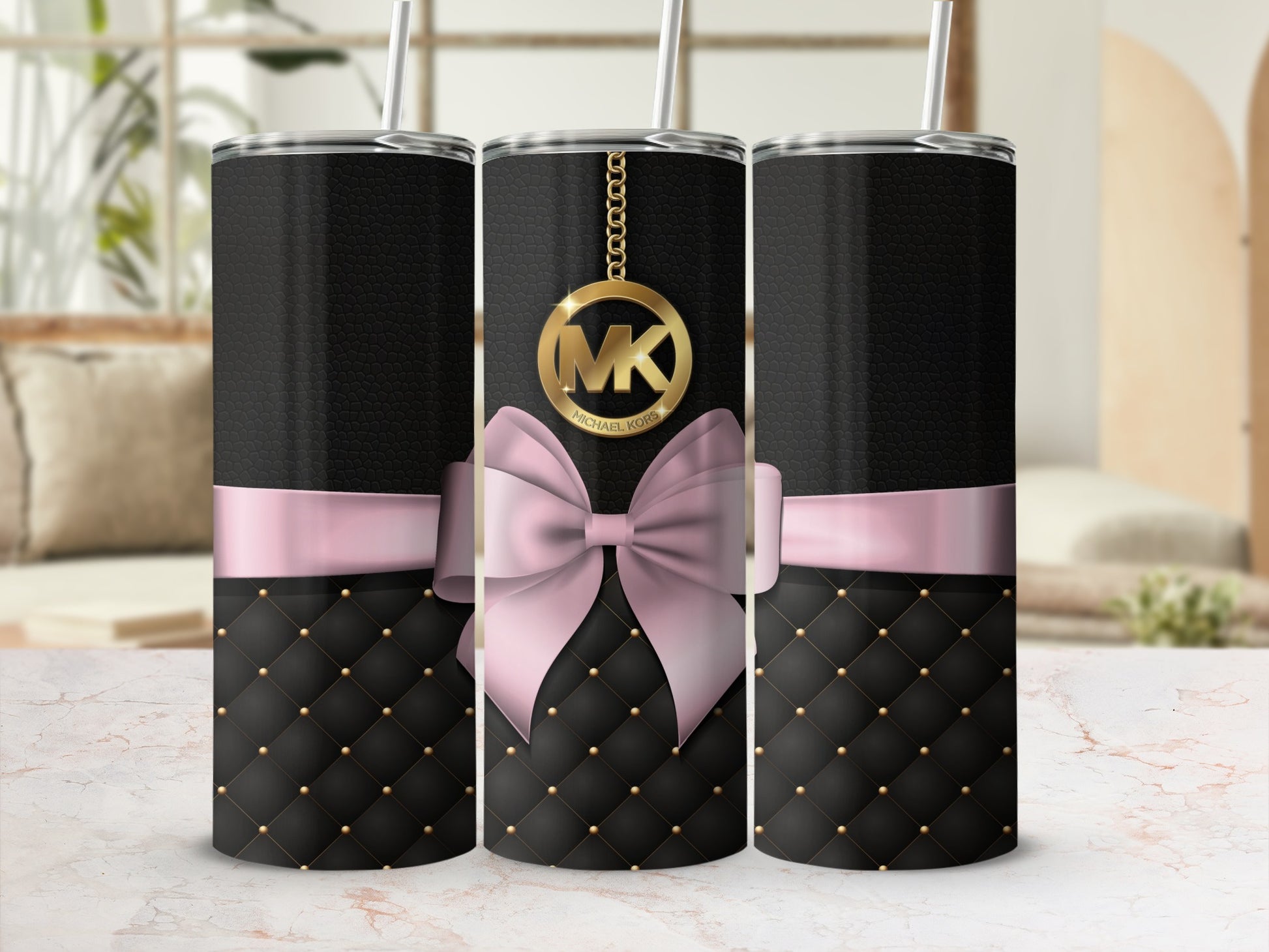 Elegant Black and Pink Tumbler with MK Pendant Design