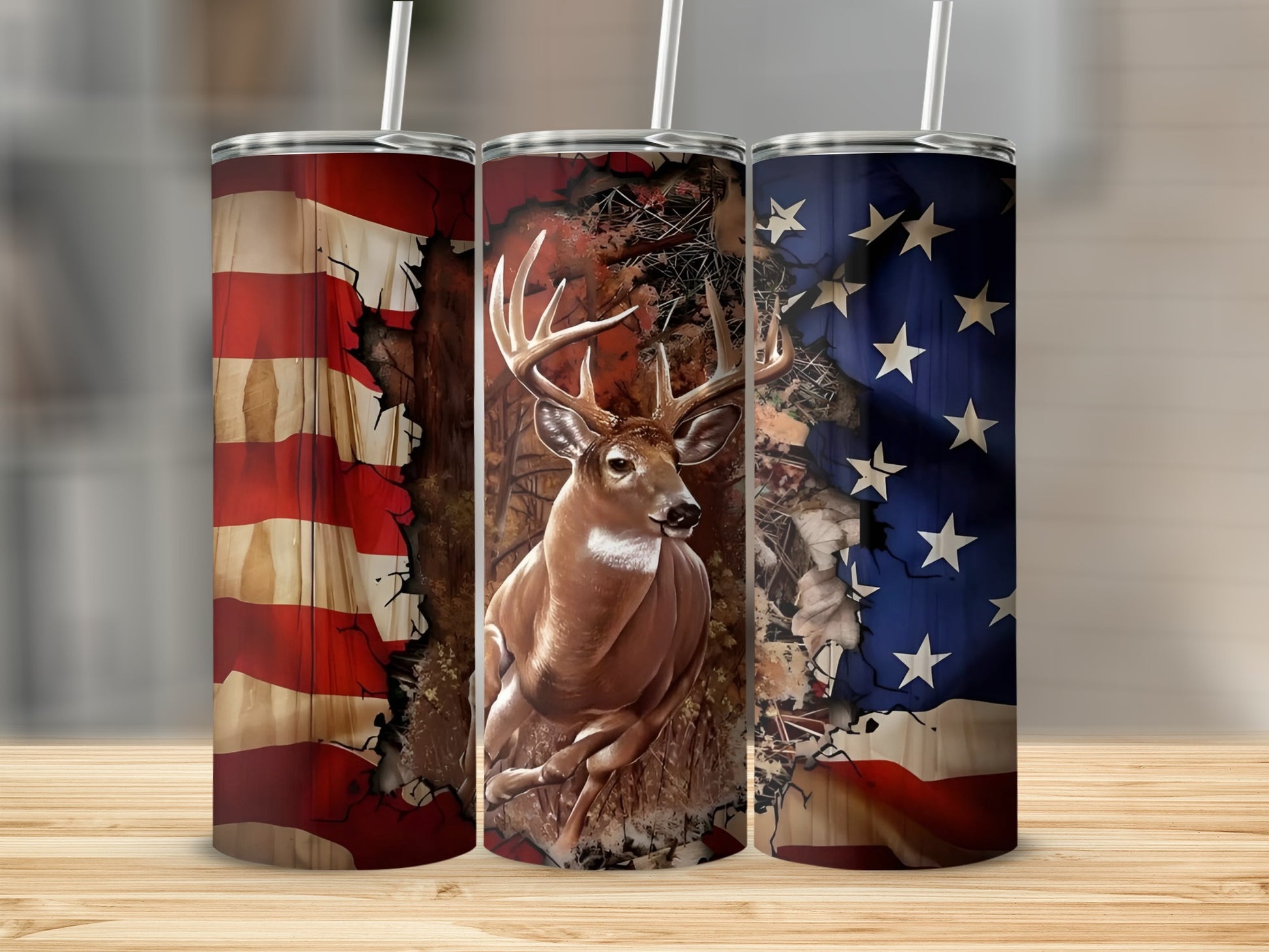American Flag Deer Design Tumbler Cup Custom Gift