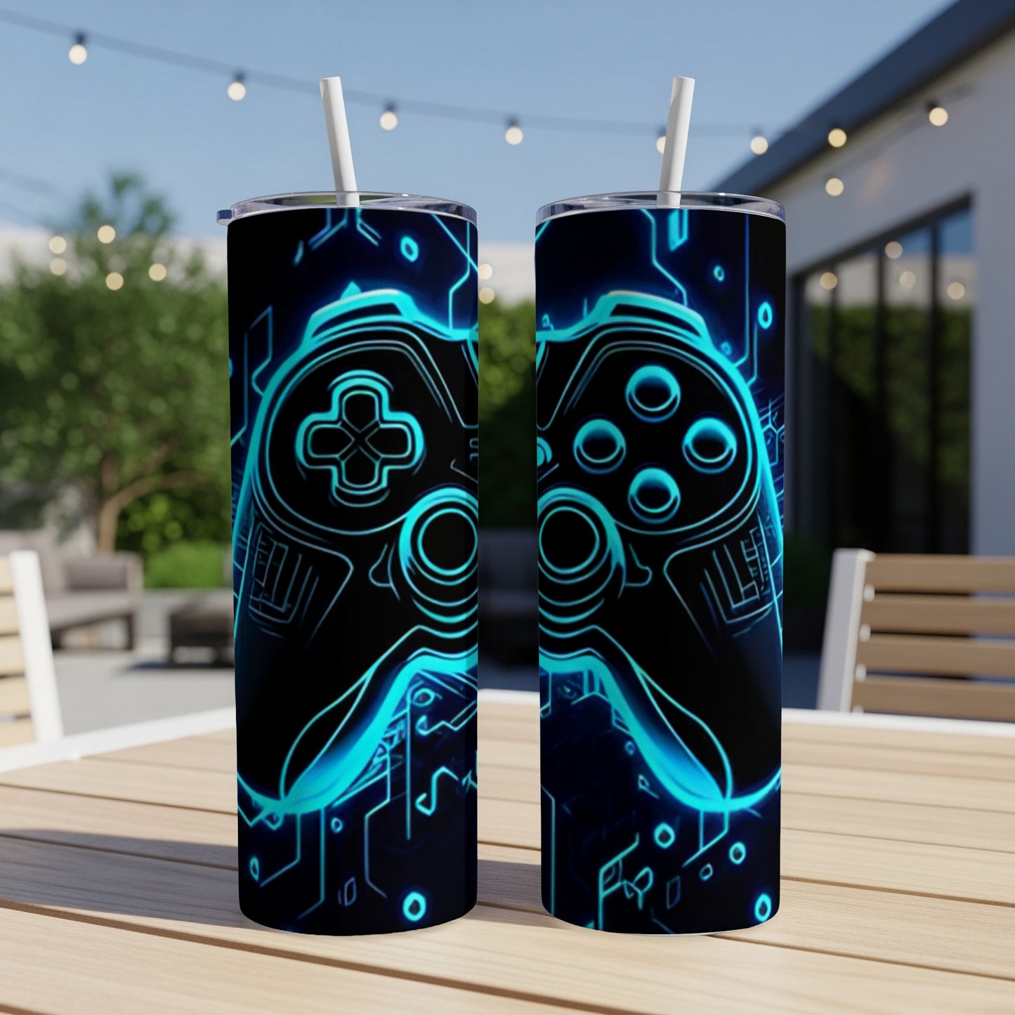 Two neon blue and black video game controllers on a wooden table.