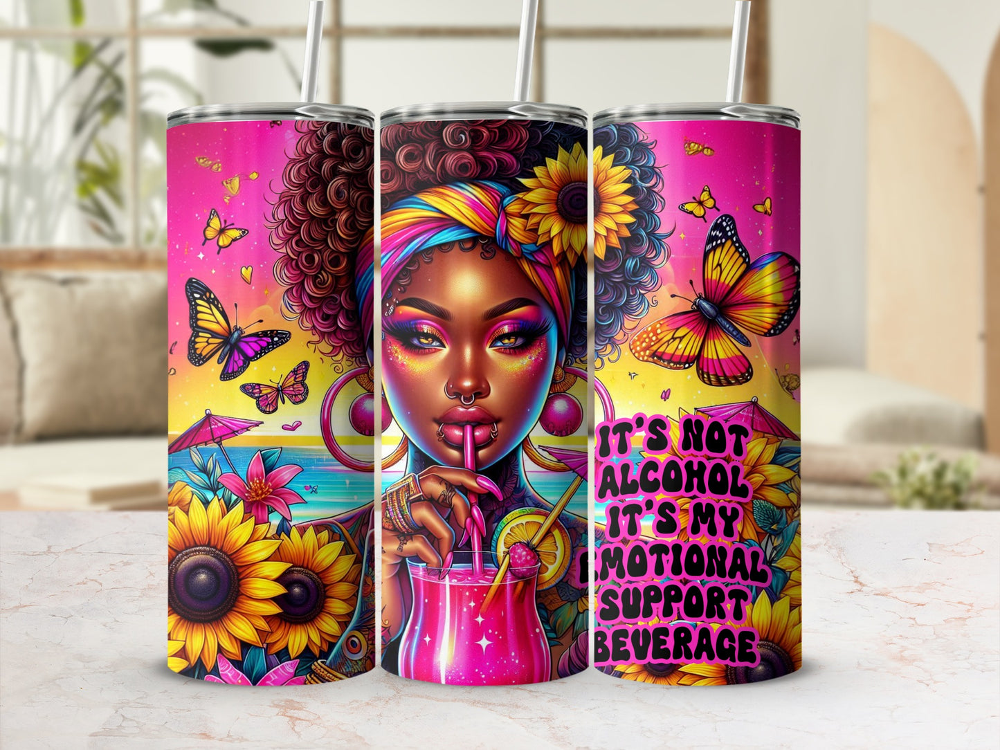 Pink tumbler with vibrant colorful design, woman drinking cocktail, sunflowers, butterflies.