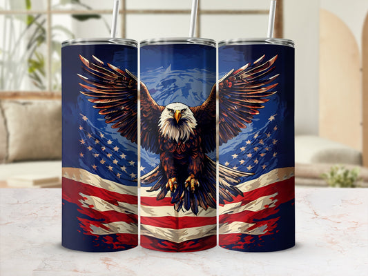 Three tumblers featuring an eagle with outstretched wings against a US flag background.