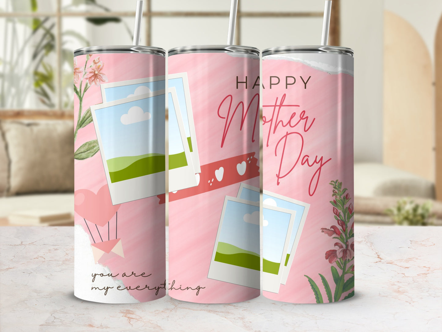 Pink tumblers with "Happy Mother Day" and floral accents.