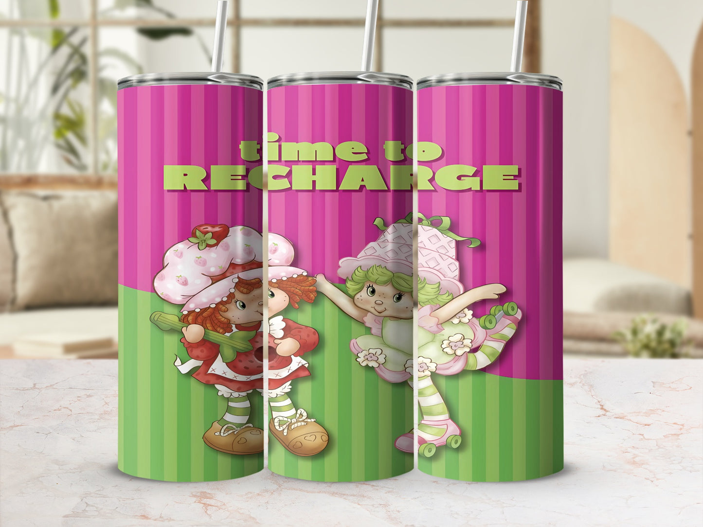 Strawberry Shortcake characters roller skating on a pink and green striped tumbler.