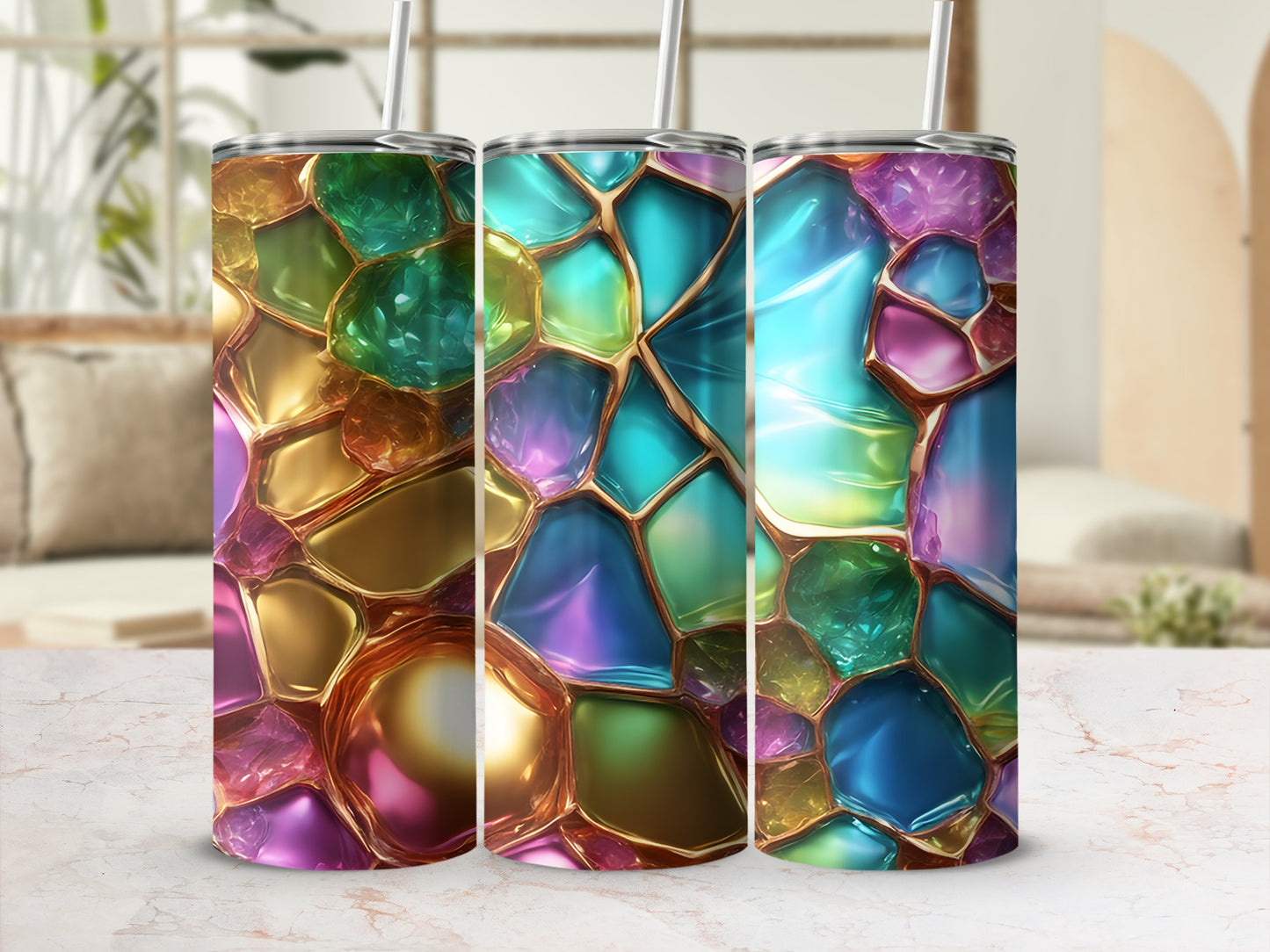 Three tumblers with a colorful, iridescent, faceted gem pattern.