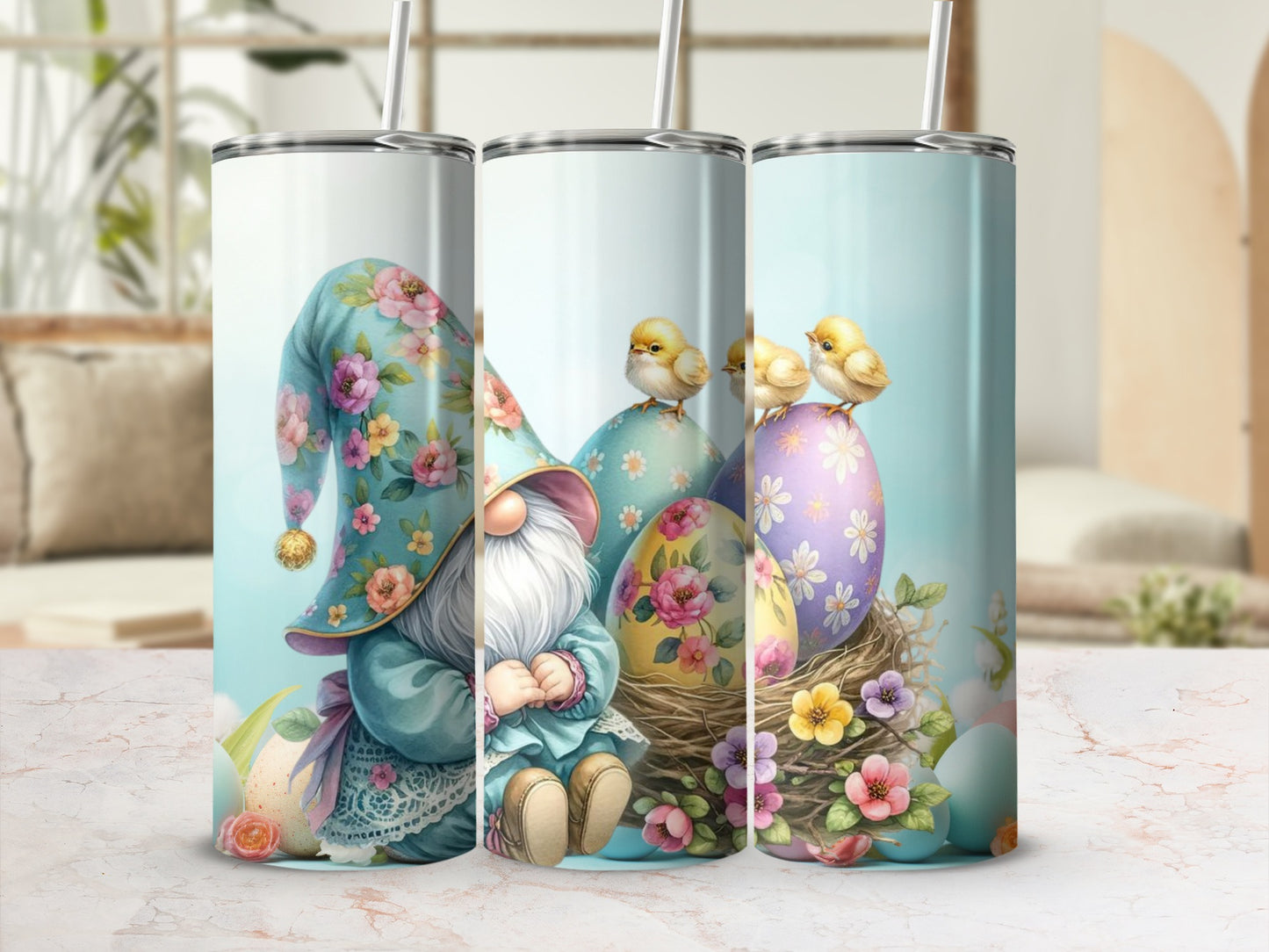 Floral Gnome and Easter Eggs Tumbler With Straw