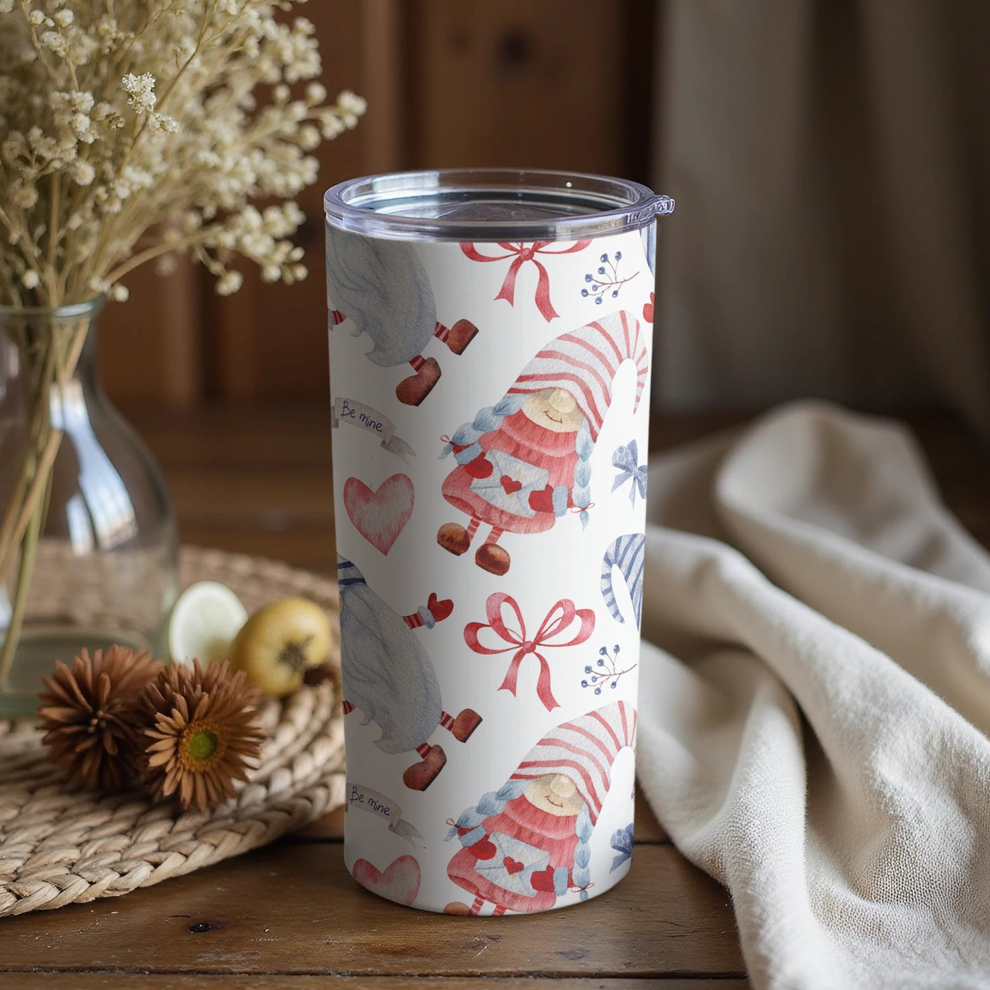 Valentine's Day Gnomes and Hearts Themed Tumbler