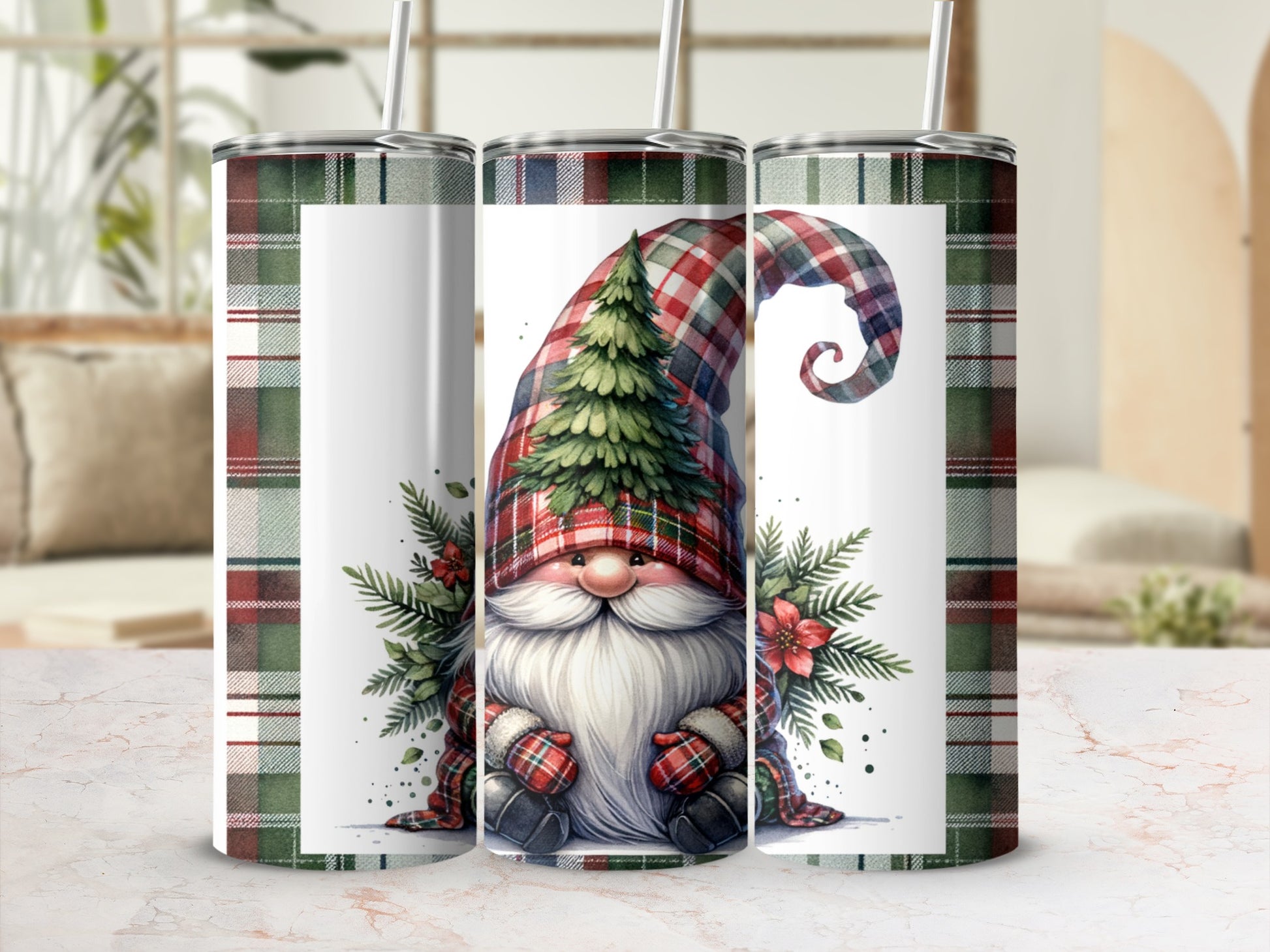 Plaid gnome with Christmas tree hat and festive red berries.