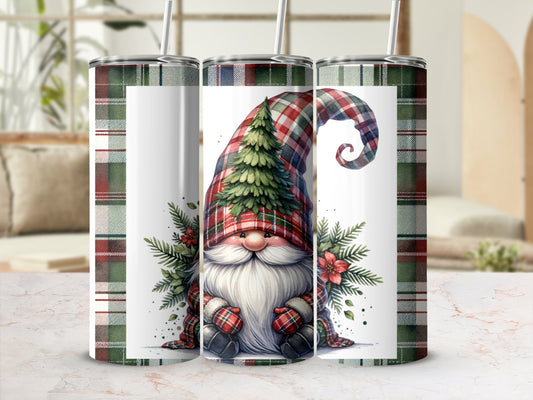 Plaid gnome with Christmas tree hat and festive red berries.