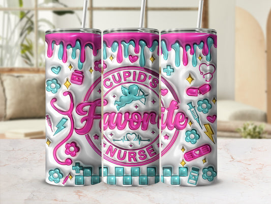 Cupid's Favorite Nurse tumbler with medical icons.