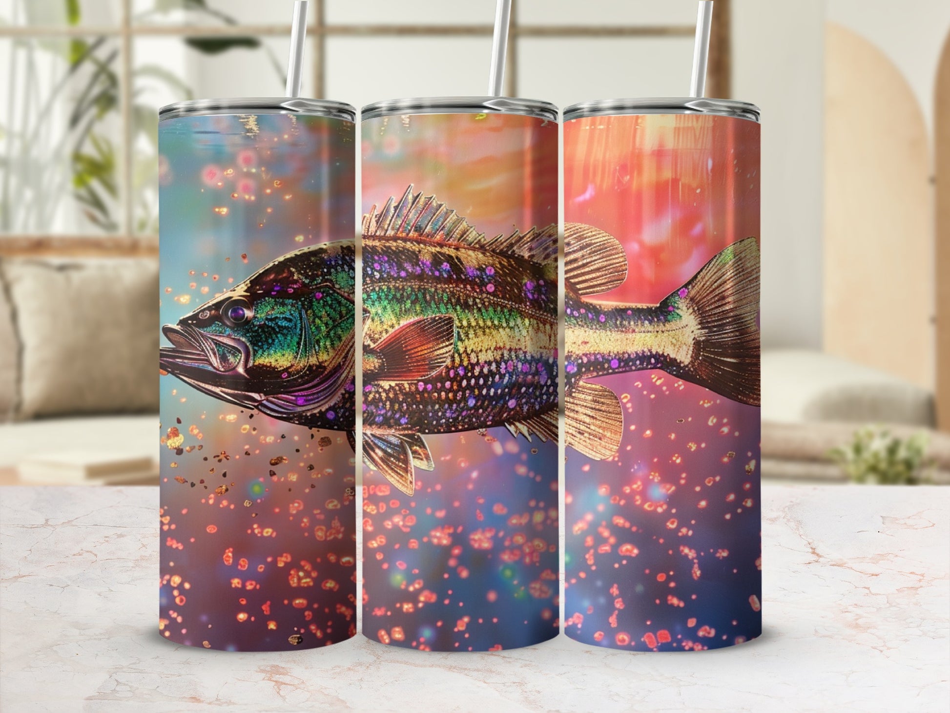 Triptych of a vibrant, iridescent fish against a bokeh background with swirling lights.