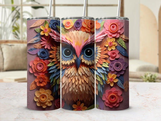 Three tumblers with a colorful owl and floral design.