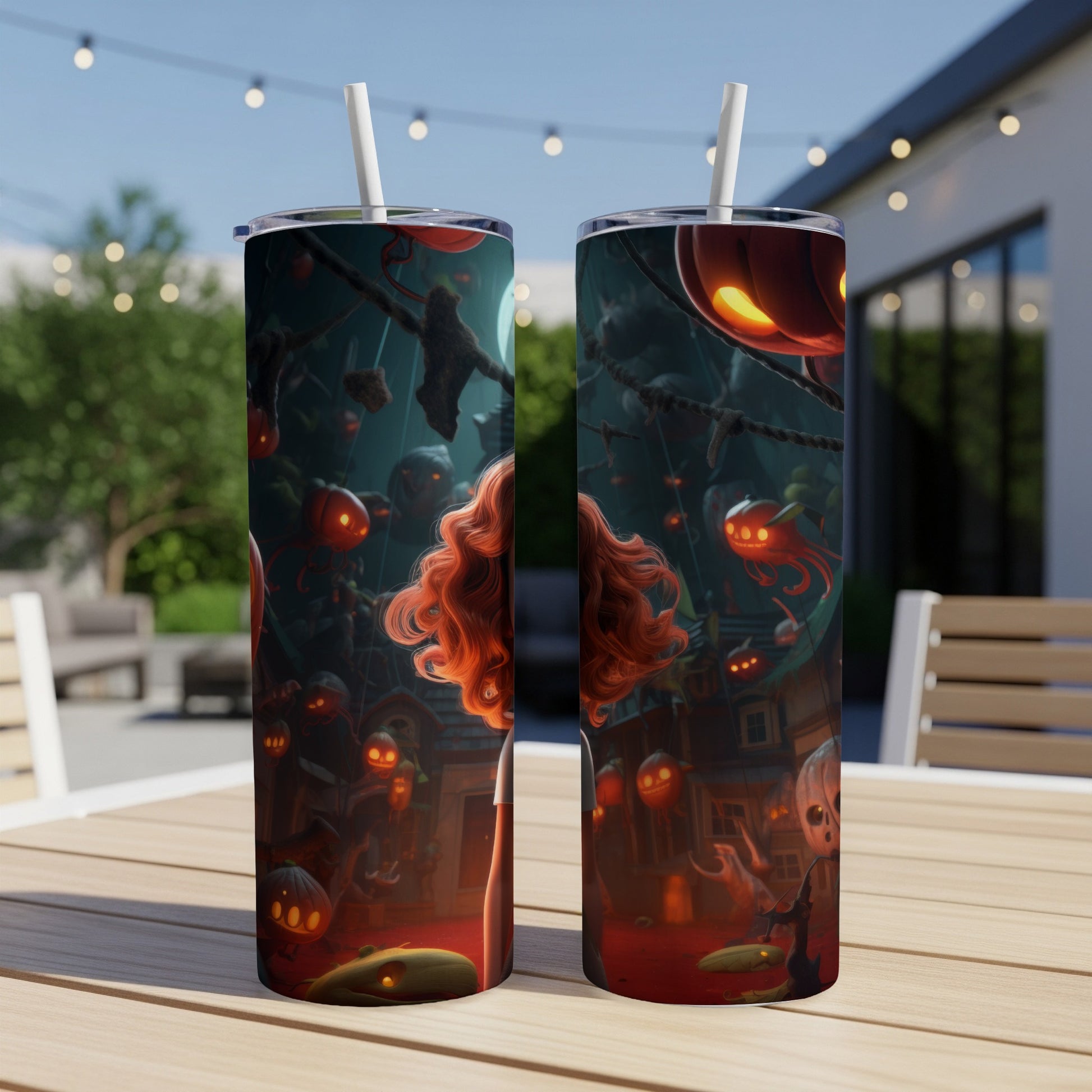 Two tumblers featuring a Halloween scene with pumpkins and a woman with red hair.