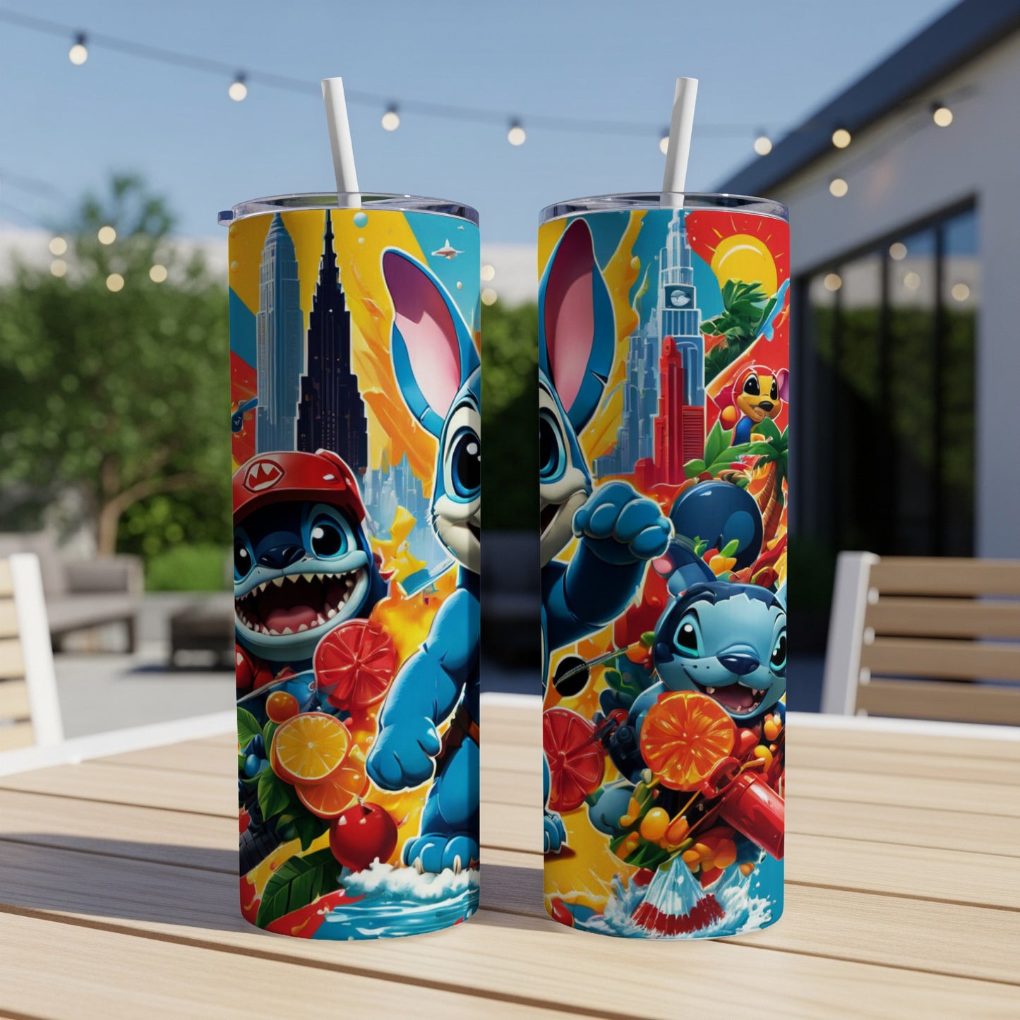 Two colorful tumblers featuring Stitch characters with fruit and city backgrounds.