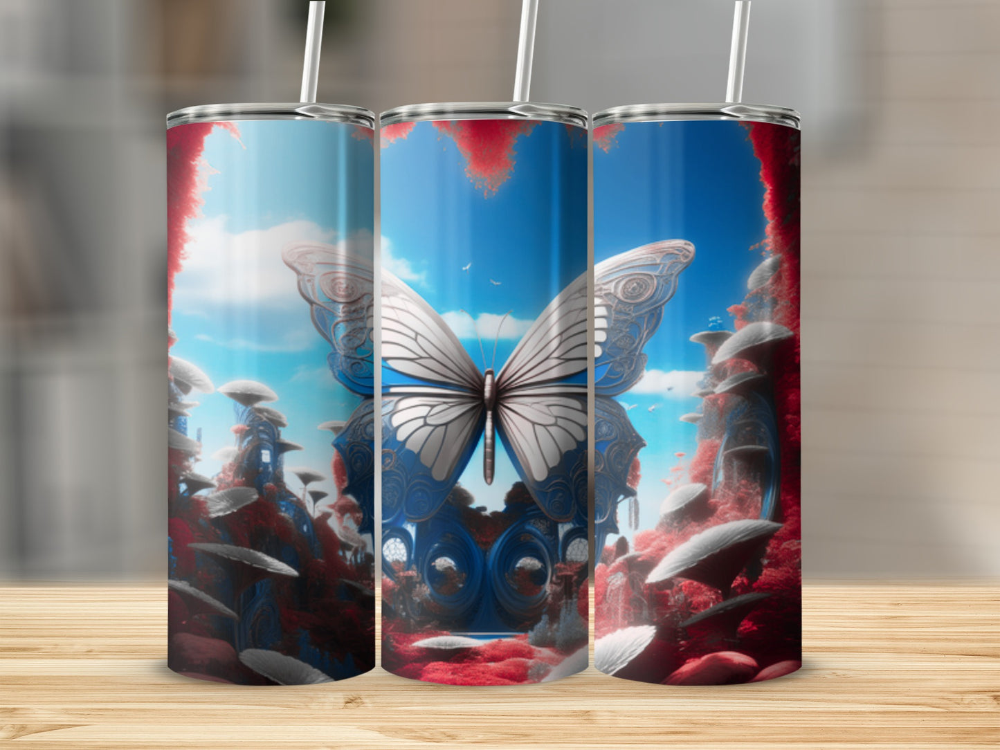 Butterfly on mushroom-like structures against a blue sky with clouds.
