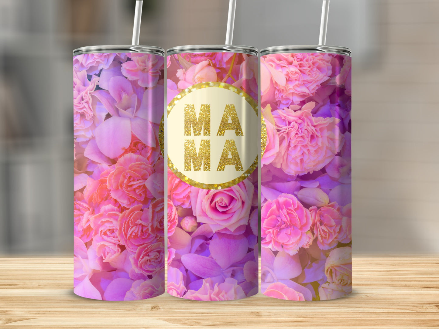 Pink Floral Mama Design Stainless Steel Tumbler Cup