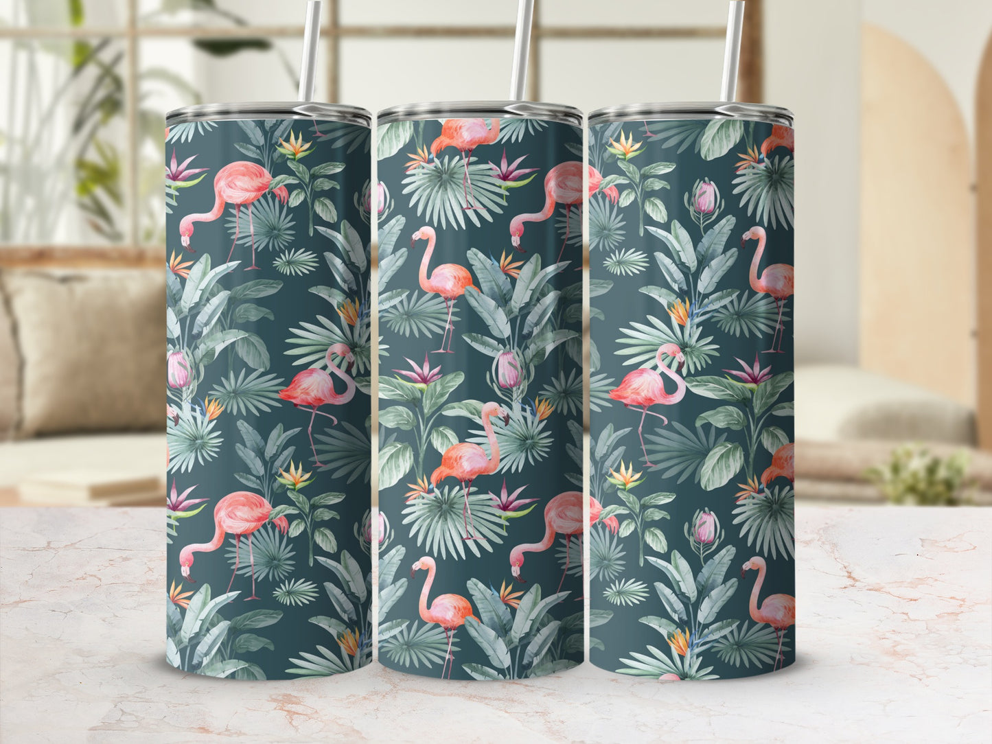 Three tumblers with a dark green background and a tropical flamingo and foliage pattern.