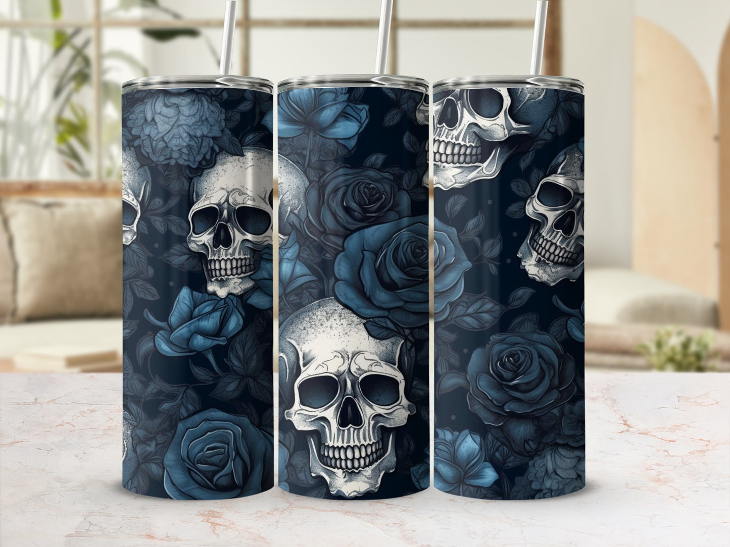 Skull and Dark Blue Rose Design Insulated Tumblers