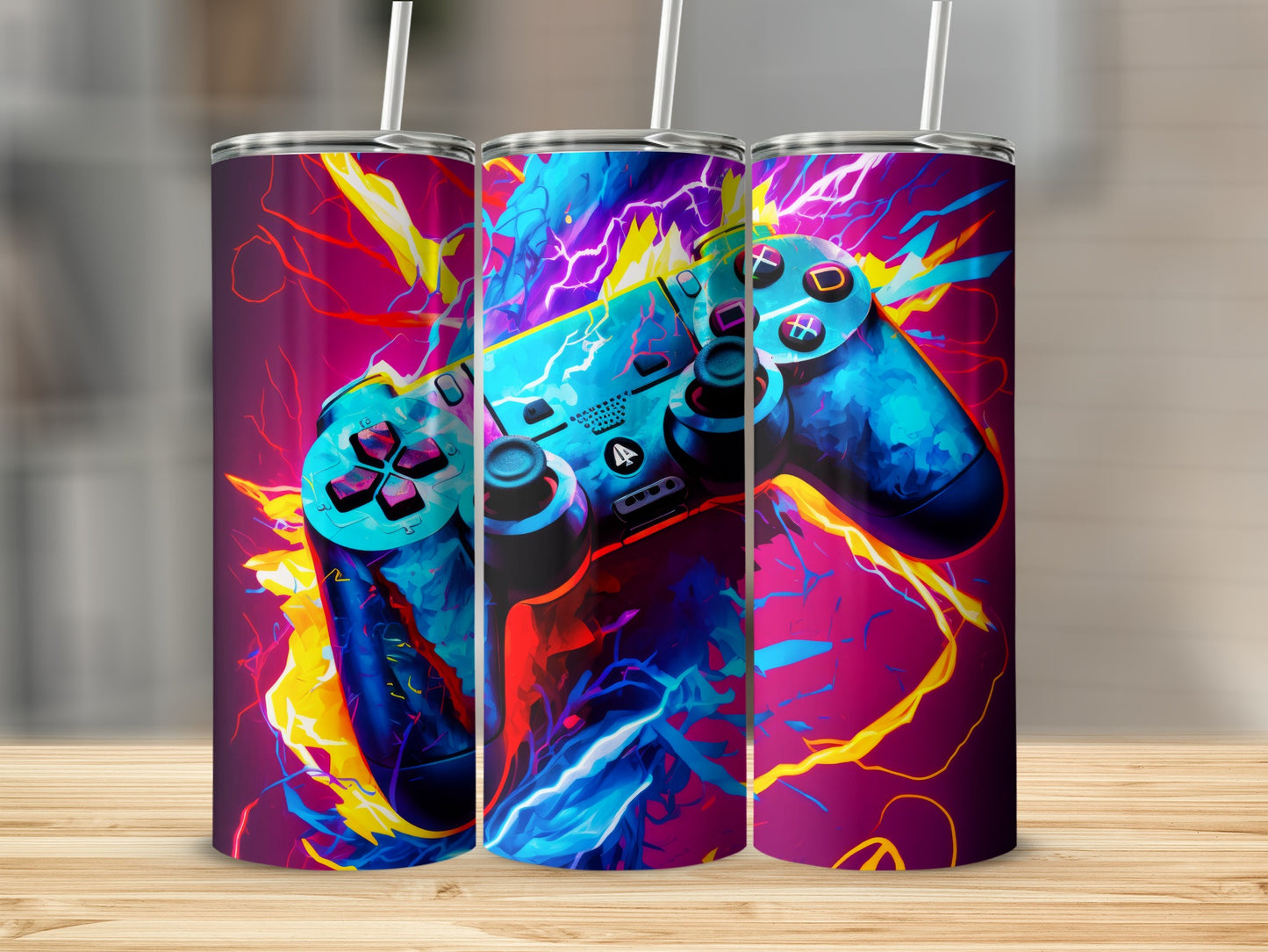 Electrifying Gaming Controller Colorful Tumbler Design