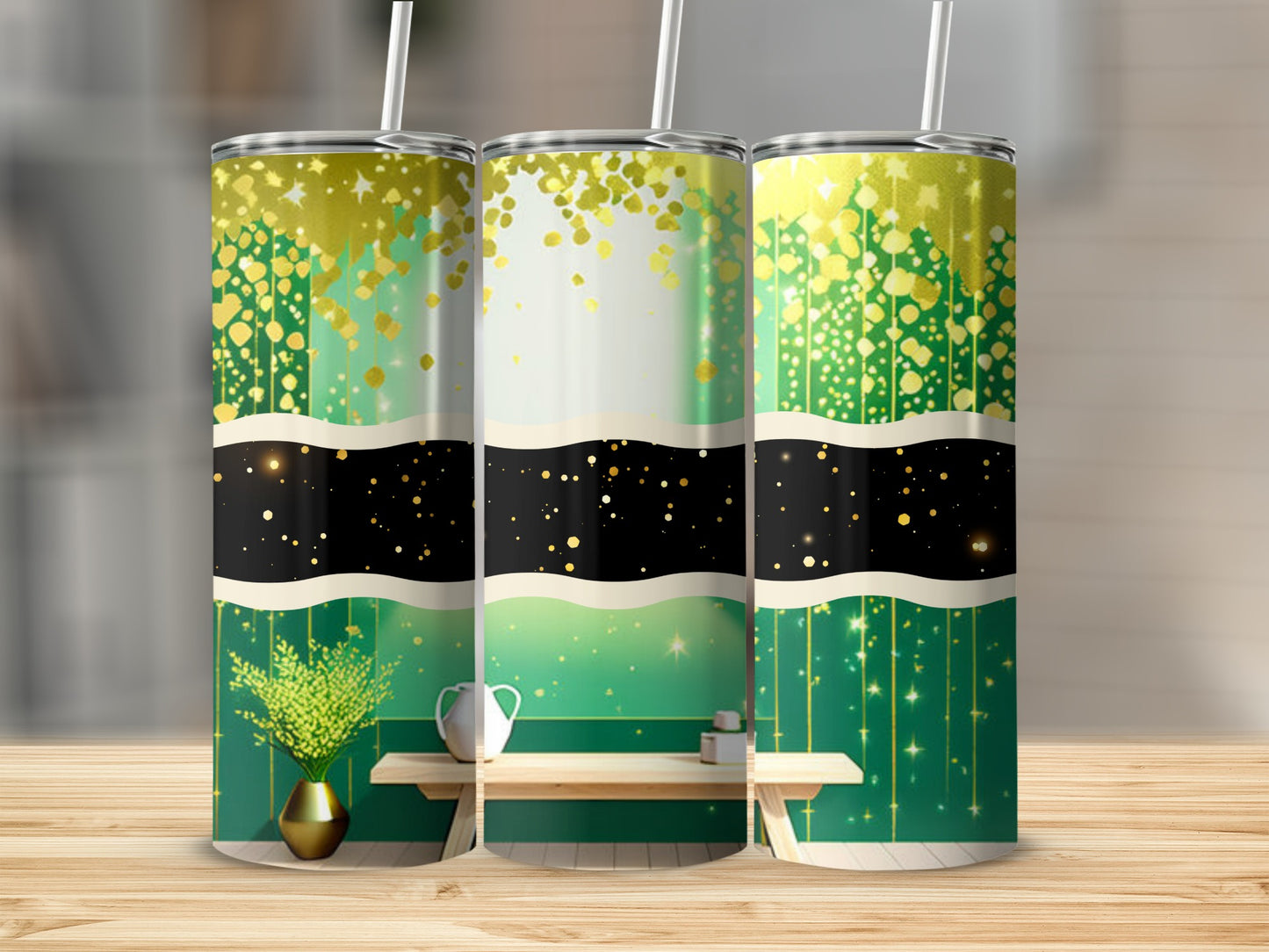 Three tumblers with green, gold, and black confetti patterns.