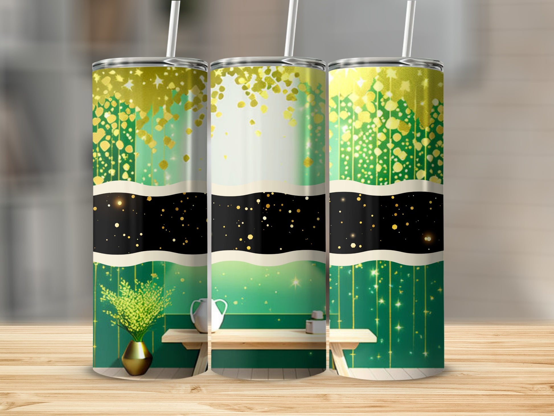 Three tumblers with green, gold, and black confetti patterns.
